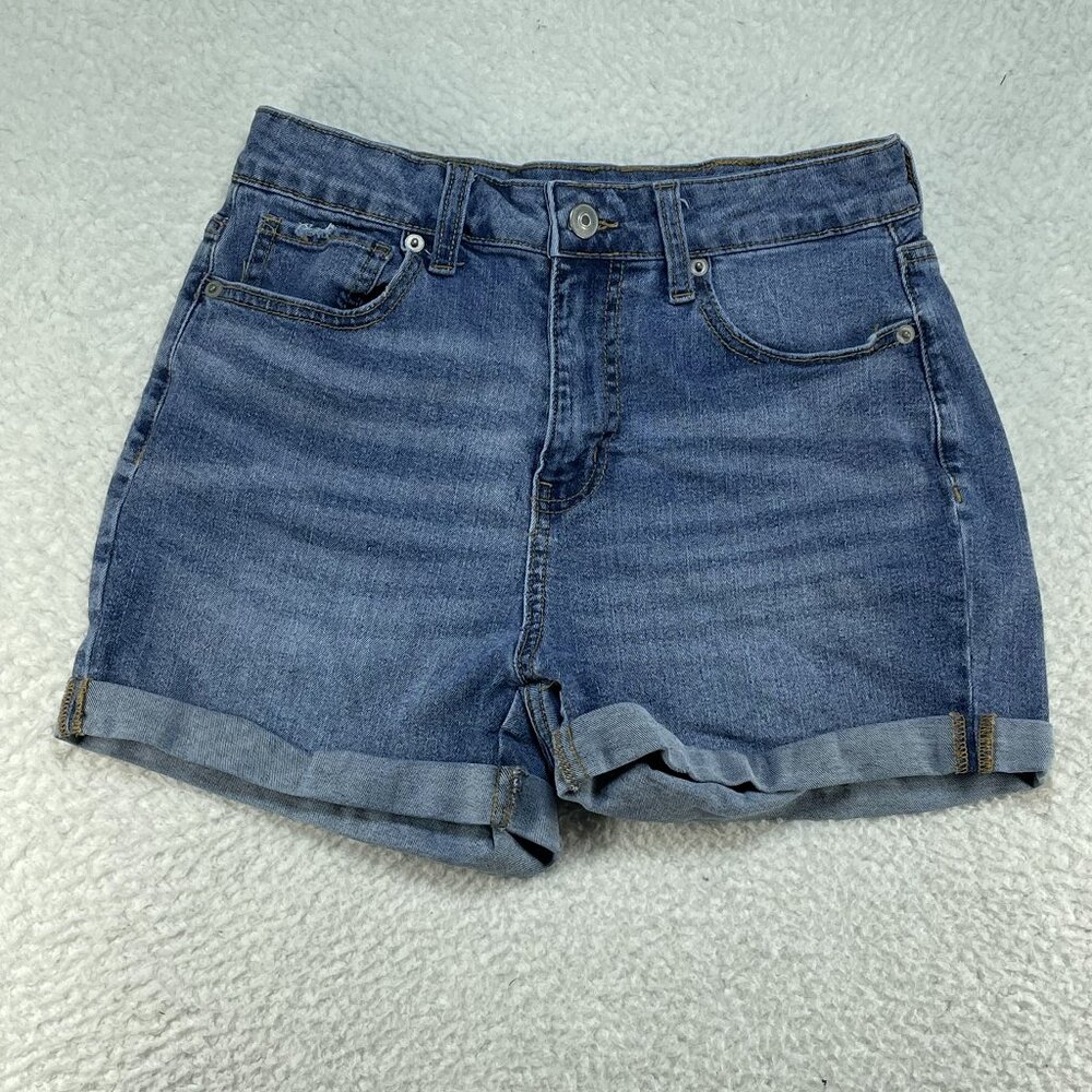 No Boundaries Womens Size 9 Cuffed High Rise Denim Cutoff Blue Jeans 26x3 Actual